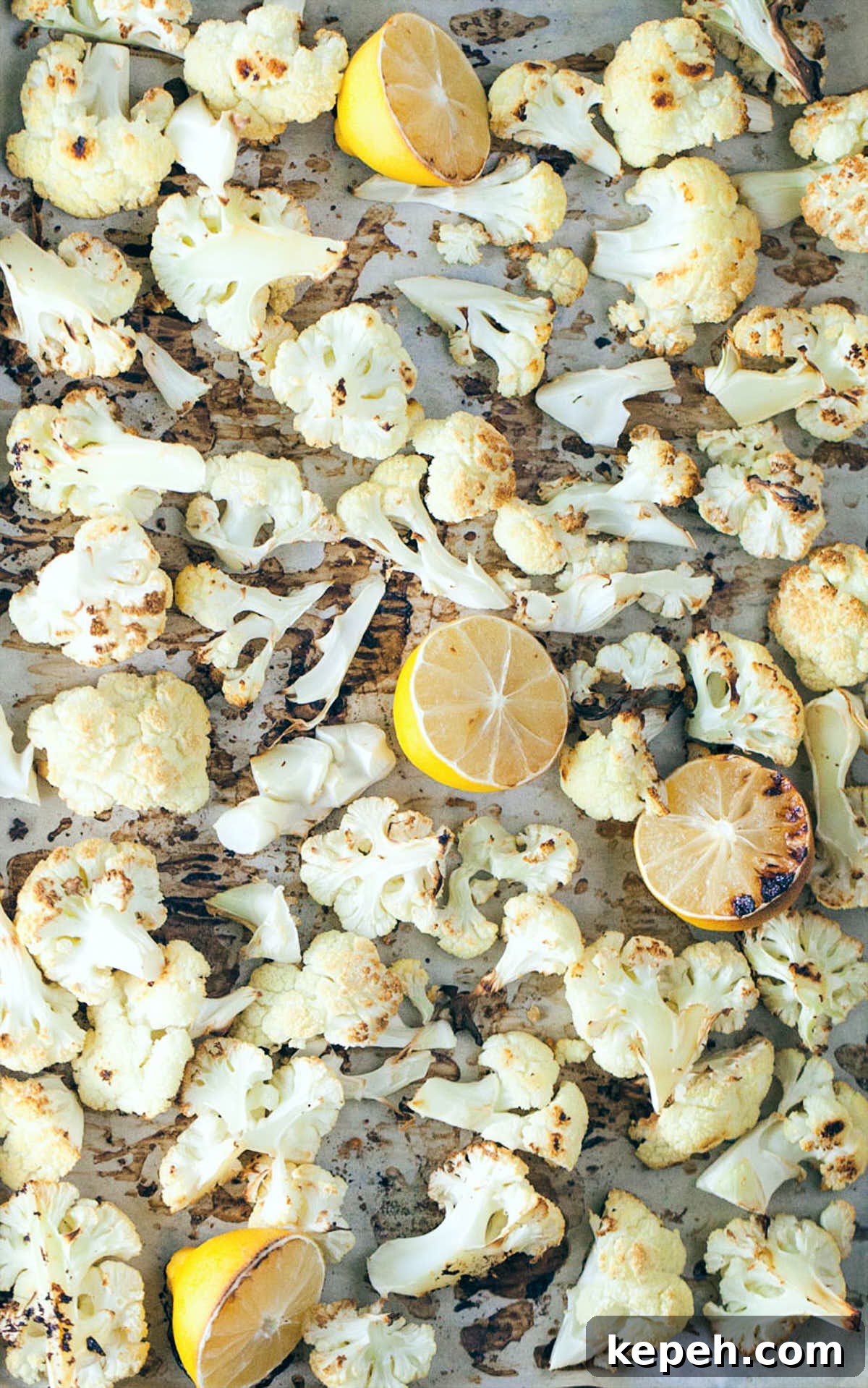 Roasted Cauliflower and Brussels Sprout Salad with Lemon 6 Roasted cauliflower and lemon fresh out of the oven