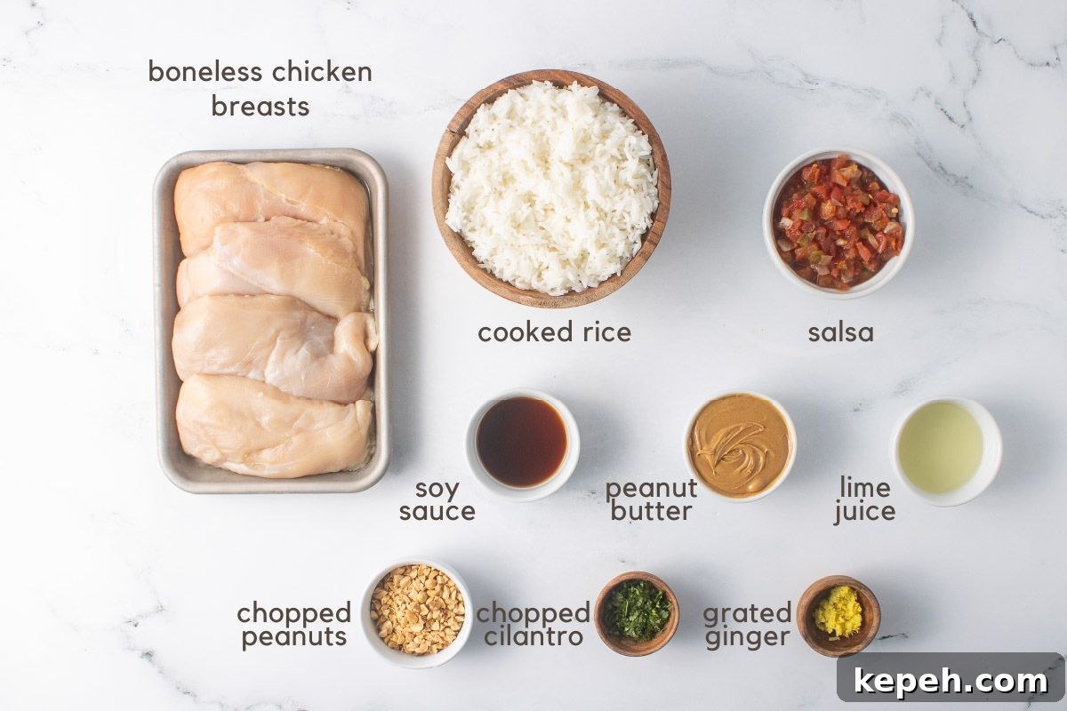 Slow Cooker Thai Peanut Chicken Recipe 3 Ingredients for Slow Cooker Thai Peanut Chicken: Uncooked chicken breasts, chopped peanuts, cilantro, peanut butter, salsa, soy sauce, grated ginger, lime juice, and cooked rice.
