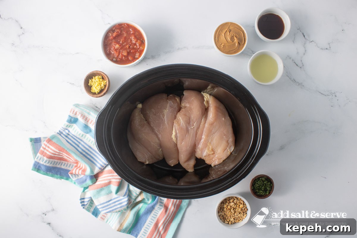 Slow Cooker Thai Peanut Chicken Recipe 4 Uncooked chicken breasts in a slow cooker surrounded by small bowls of chopped peanuts, cilantro, peanut butter, salsa, soy sauce, grated ginger, and lime juice.