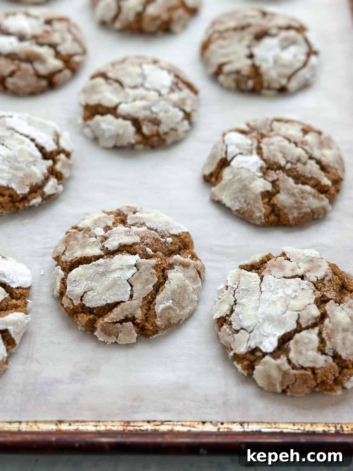 a bunch of molasses crinkle cookies on a baking sheet. 