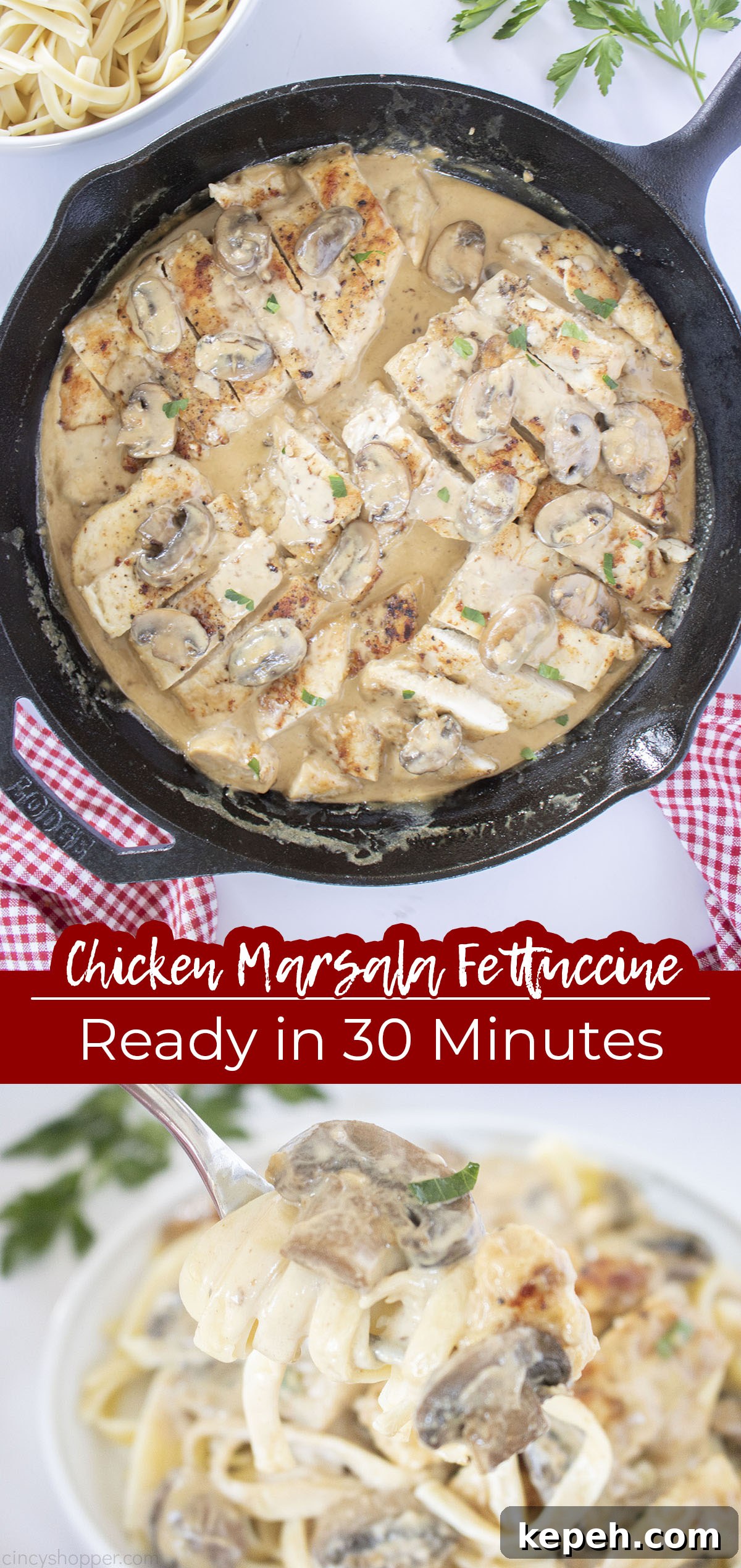 Long Pin Text on image Chicken Marsala Fettuccine Ready in 30 Minutes.