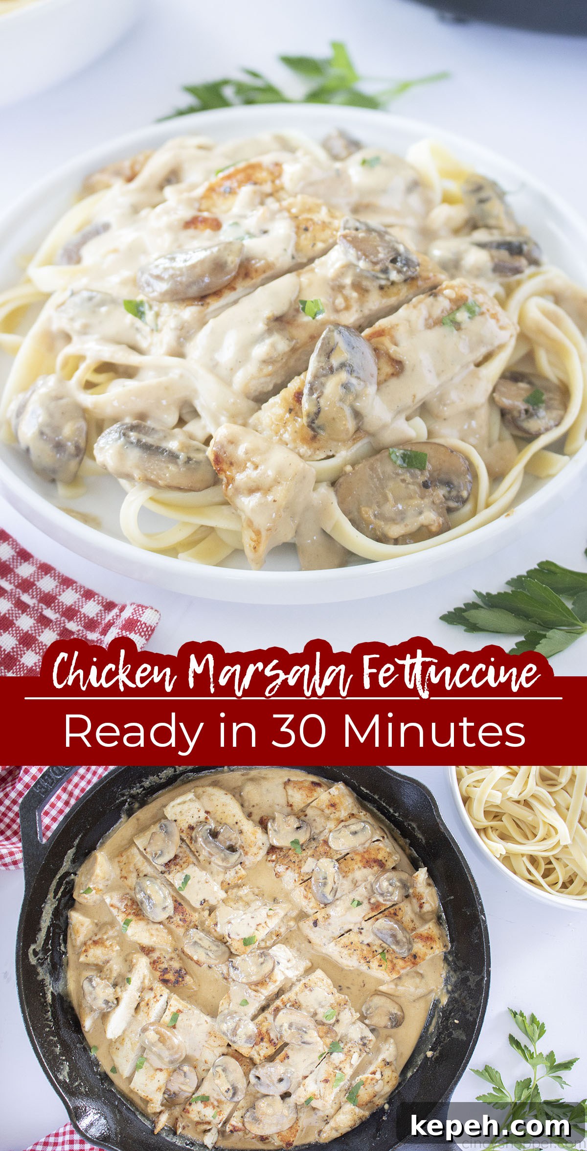 Long pin Text on image Chicken Marsala Fettuccine Ready in 30 Minutes.
